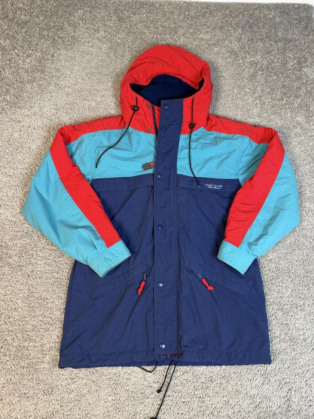 VTG 90s Eddie Bauer Jacket Mens S Blue Parka Hooded Insulated Lined Full Zip